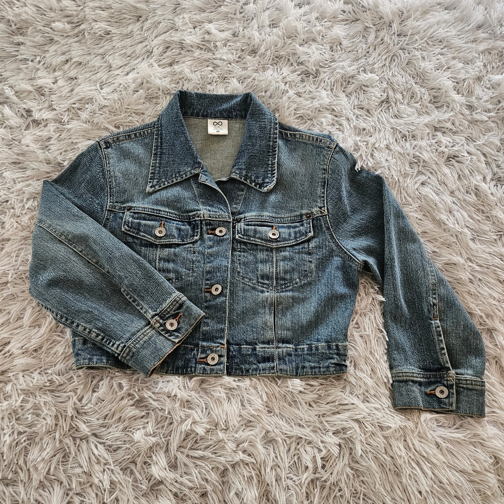 Vintage Infinity Maternity Denim Jean Jacket Cropped Pockets Blue Womens Small